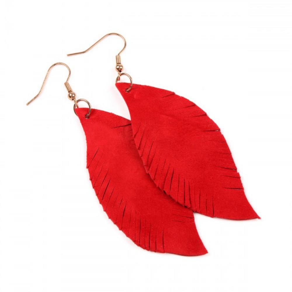 New Boutique Red fringe suede feather earrings